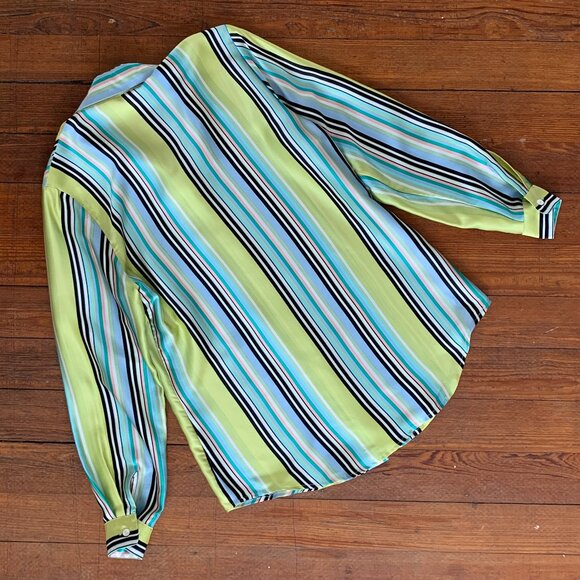 VINTAGE Neon Green Striped Button Up Blouse by Via Condotti 100% Silk Womens Siz - Picture 3 of 4